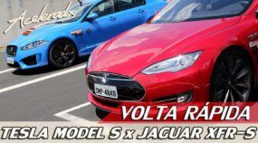 Tesla Model S: Único Exemplar no Brasil Acelerado por Rubens Barrichello (ao lado de um Jaguar XFR-S)