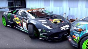 Que espetáculo! O primeiro Lamborghini preparado para o drifting (dando show ao lado de um Mustang)!