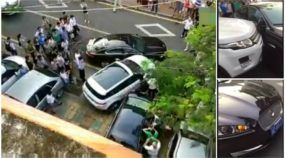 Treta impressionante: Motorista de Evoque detona um Jaguar para sair do estacionamento!