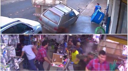 Flagra em vídeo: Caminhão perde o controle, destrói Fiat Uno e invade Loja em Goiás